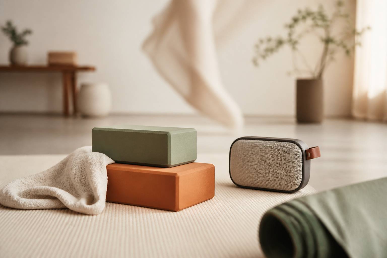 Tapis de yoga avec blocs de mousse et enceinte dans un studio clair