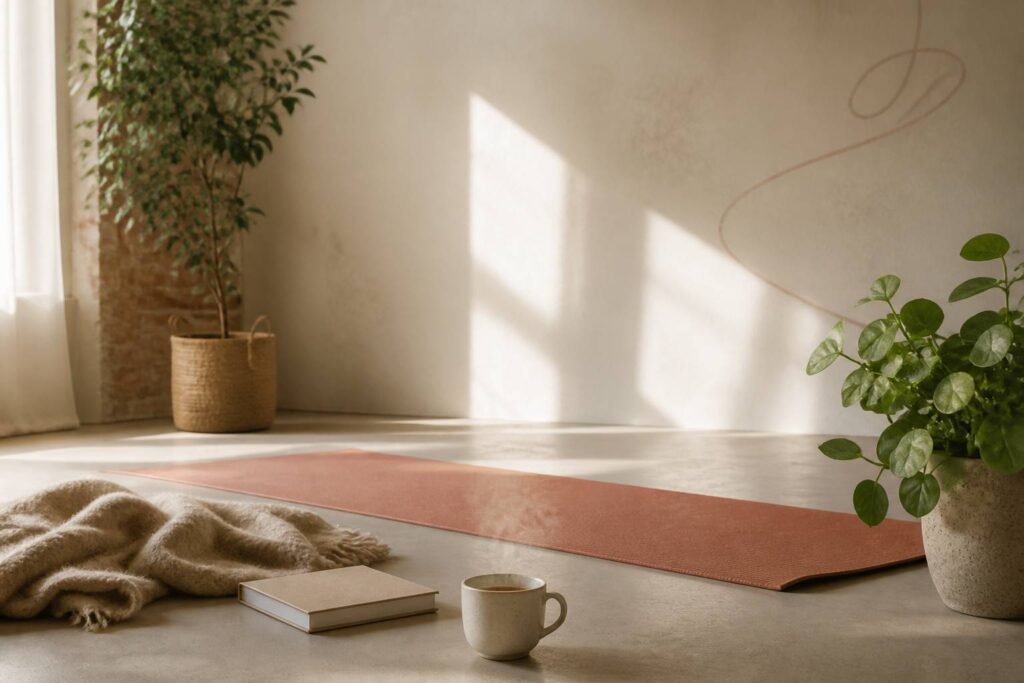 Espace calme avec tapis de yoga, livre et tasse de thé