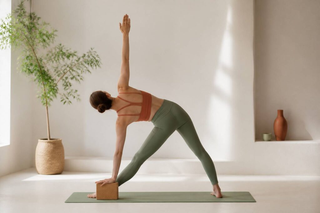 Personne pratiquant la posture du triangle sur un tapis de yoga dans un studio lumineux