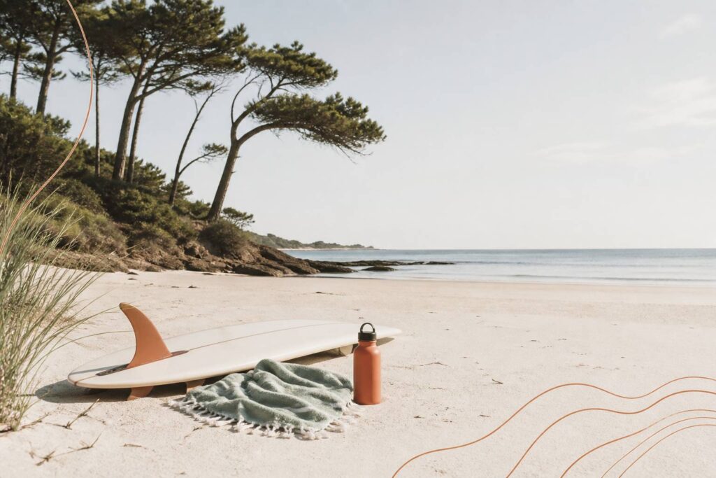 Planche de surf posée sur le sable près des pins en bord de mer