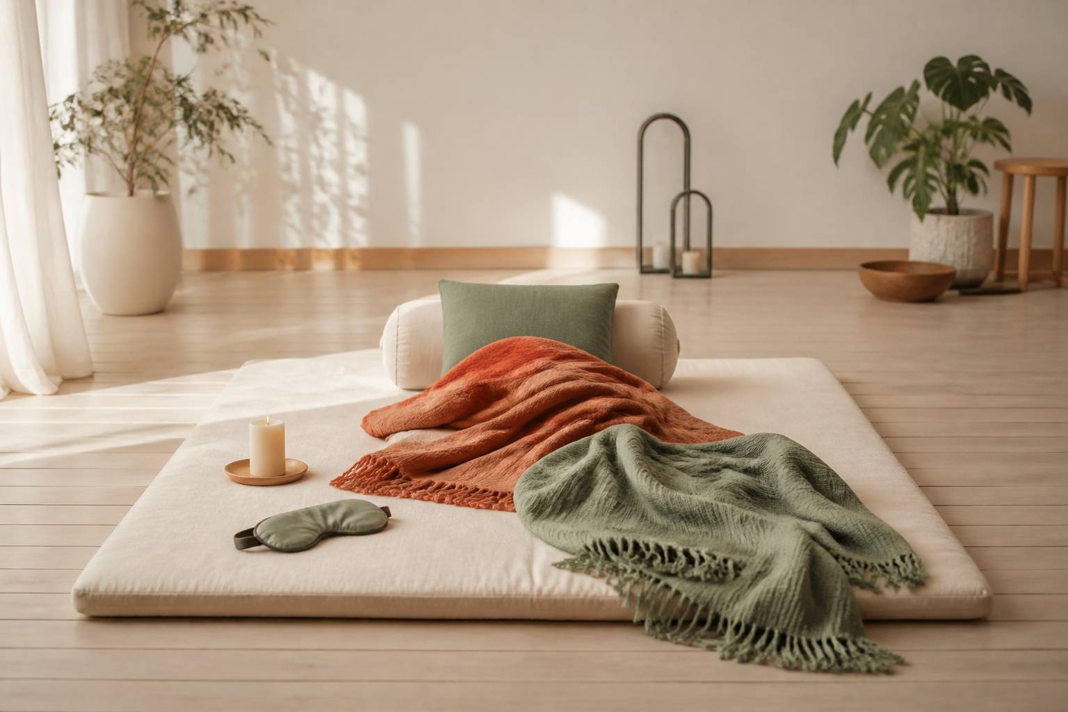 Installation de yoga nidra avec coussin et plaid terracotta