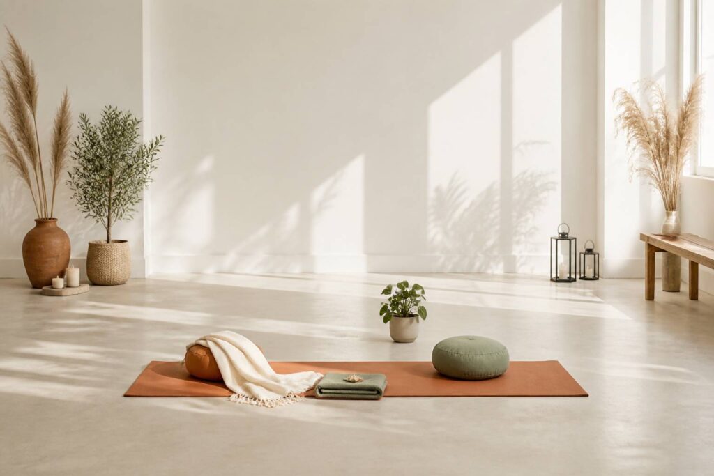 Studio de yoga lumineux avec tapis et coussins de méditation