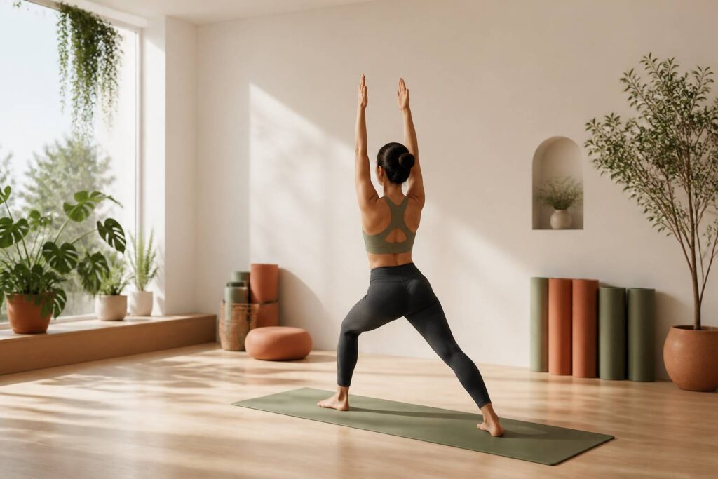 Studio de yoga lumineux avec une personne en posture debout vue de dos