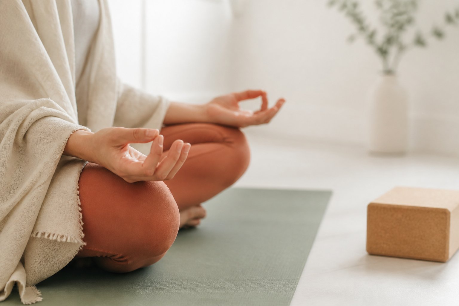 Mains en geste méditatif sur un tapis de yoga dans une salle claire
