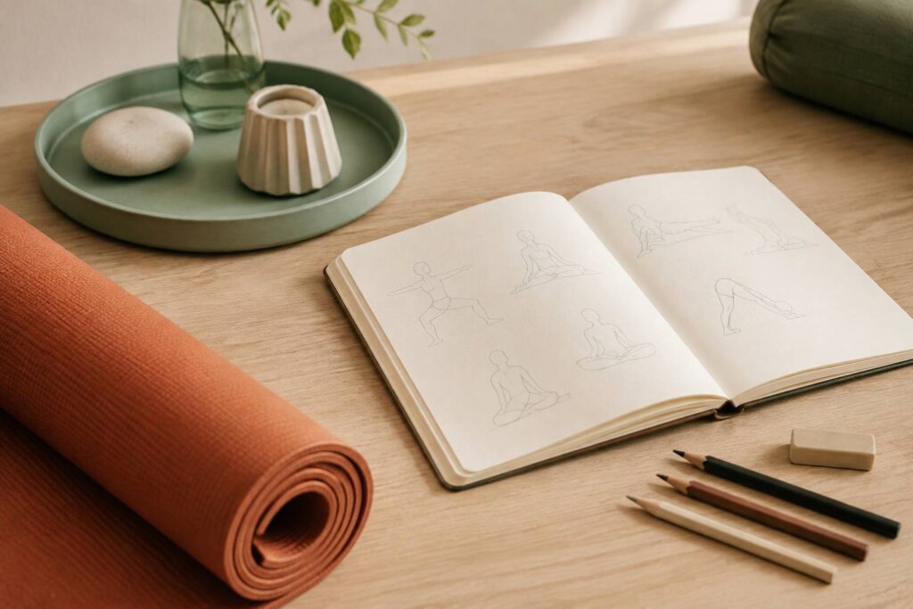 Carnet de croquis ouvert avec des figures au trait de postures de yoga
