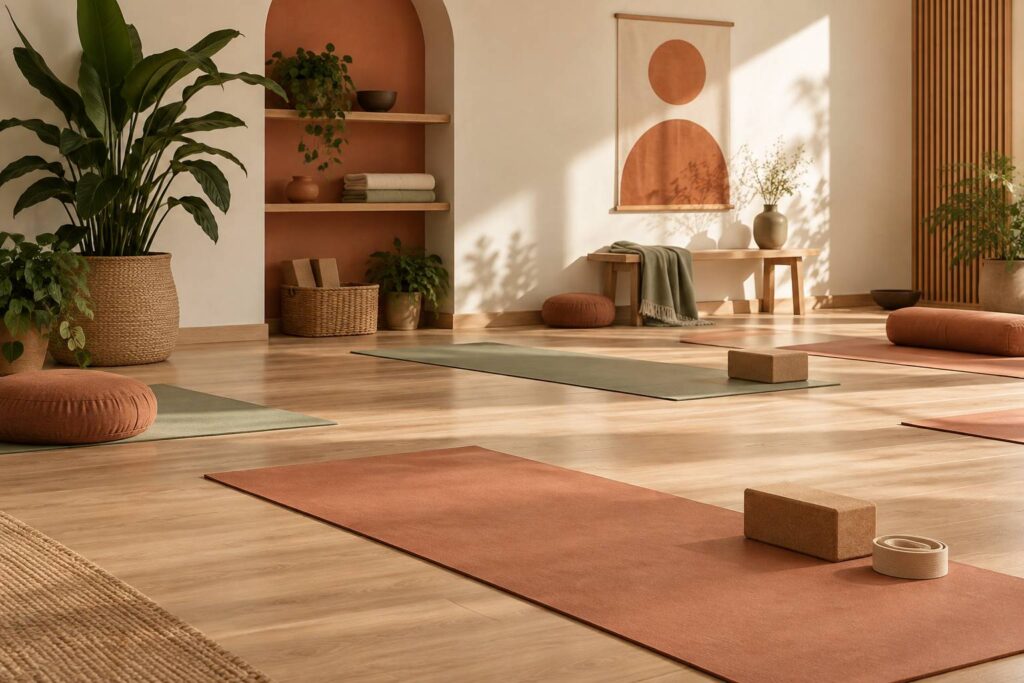 Studio de yoga calme avec tapis, brique et sangle de pratique