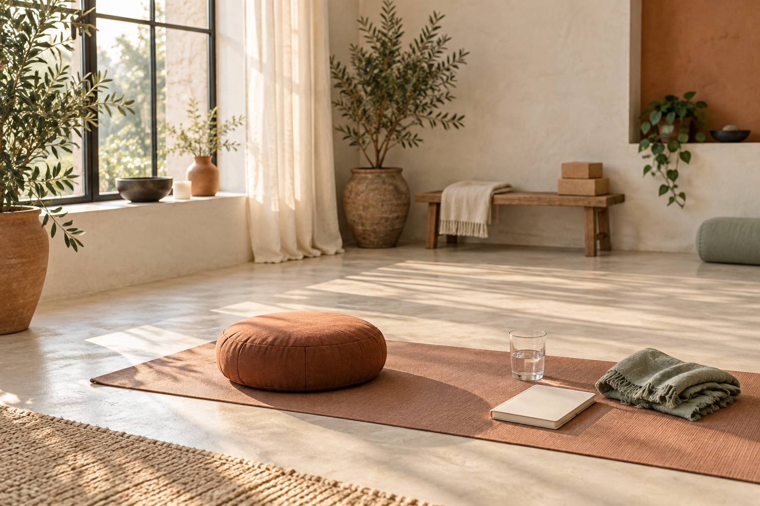 Coussin de meditation et carnet ferme dans un coin de pratique