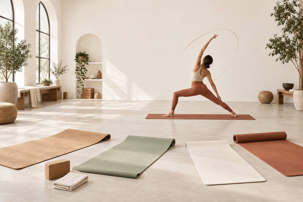 Illustration éditoriale du sujet : Depuis des années, nous testons des tapis de yoga durables : voici les 5 incontournables à adopter