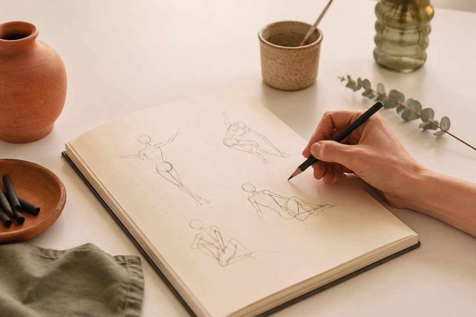 Main dessinant des formes de base de posture au crayon dans un carnet