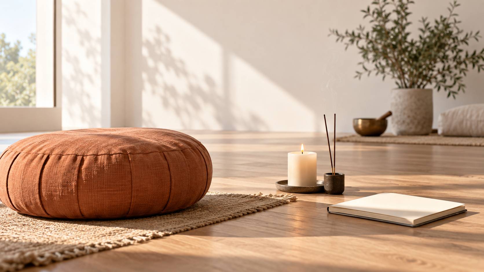 Coussin de méditation et bol chantant dans un studio de pratique