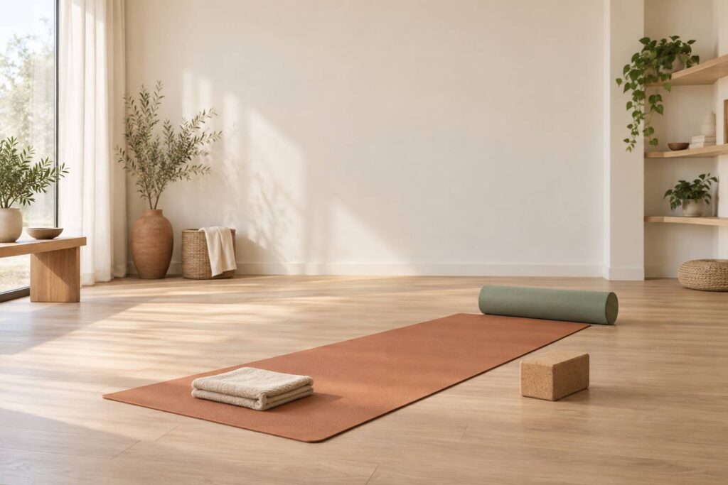Tapis de yoga, serviette pliee et brique en liege dans un studio de pratique clair
