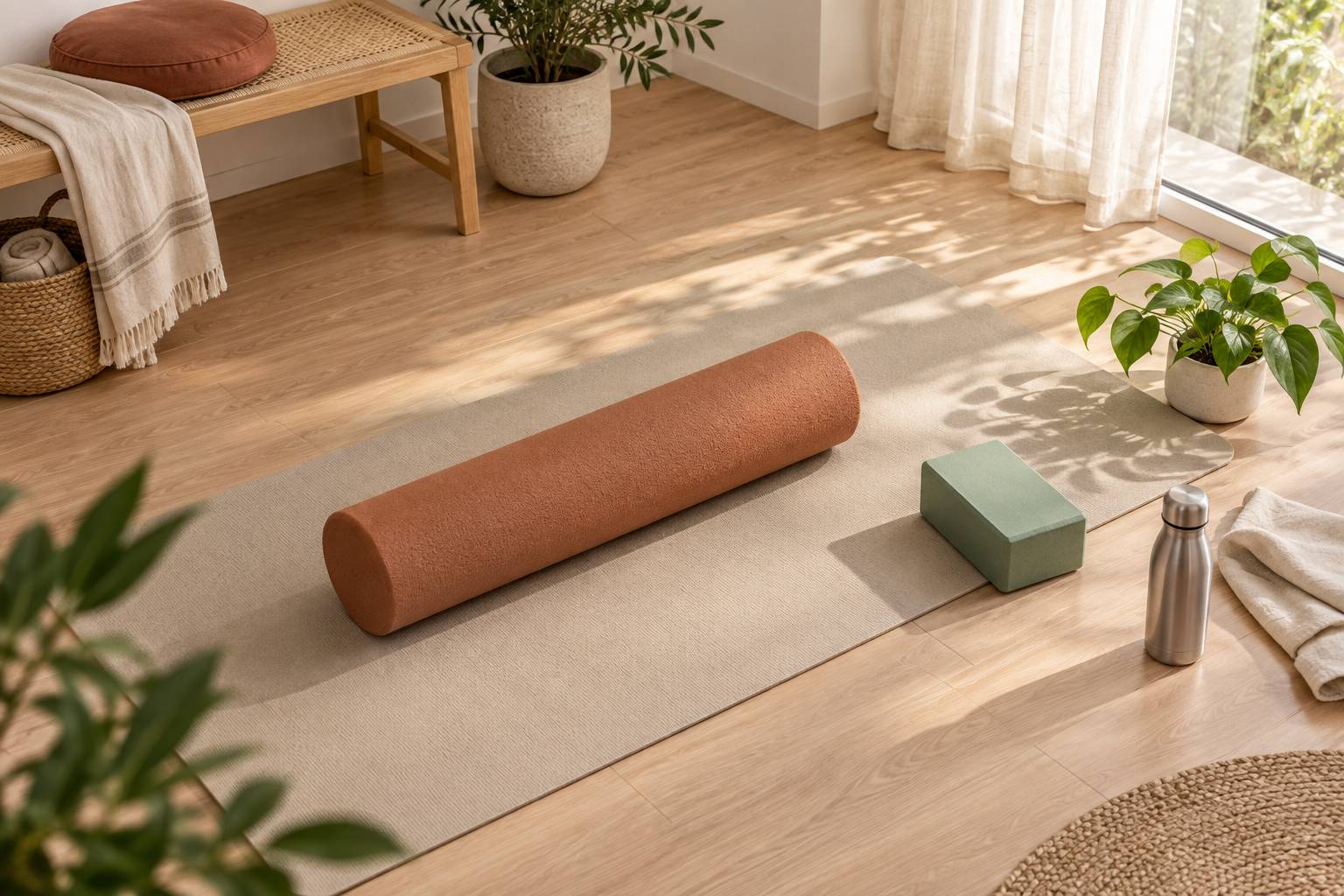Rouleau de mousse, bouteille d'eau et bloc de yoga dans un coin d'etirement