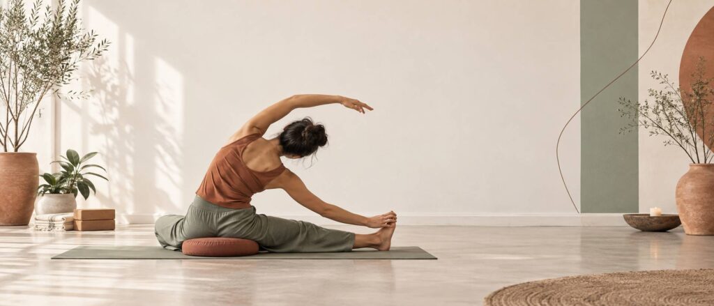 Pratiquant de yoga en torsion assise sur un tapis dans un studio lumineux