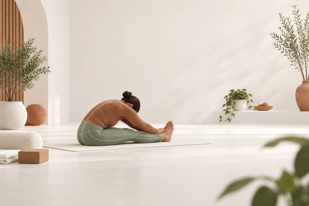 Illustration éditoriale du sujet : Paschimottanasana : l'étirement profond qui libère toute la chaîne postérieure