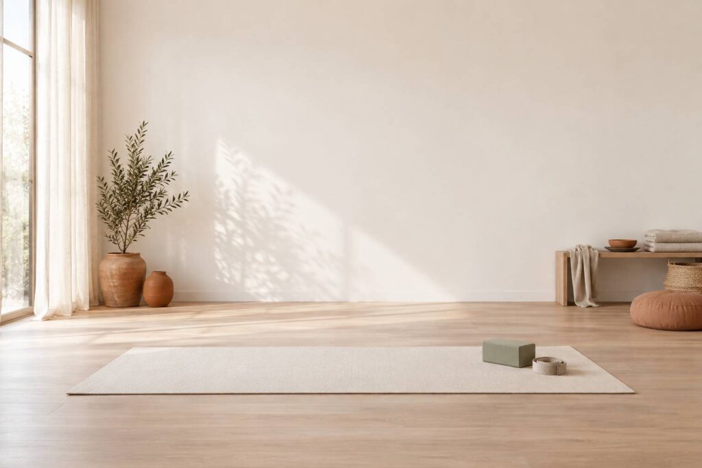 Studio de mouvement epure avec tapis de sol et bloc de yoga