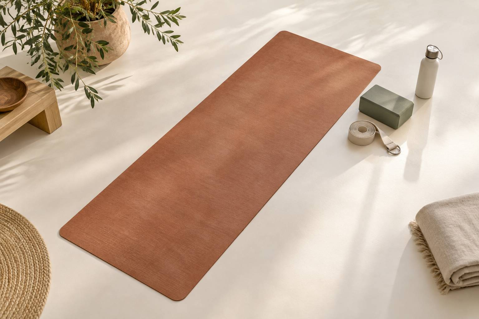 Tapis de pratique vu de dessus avec bloc et sangle au bord