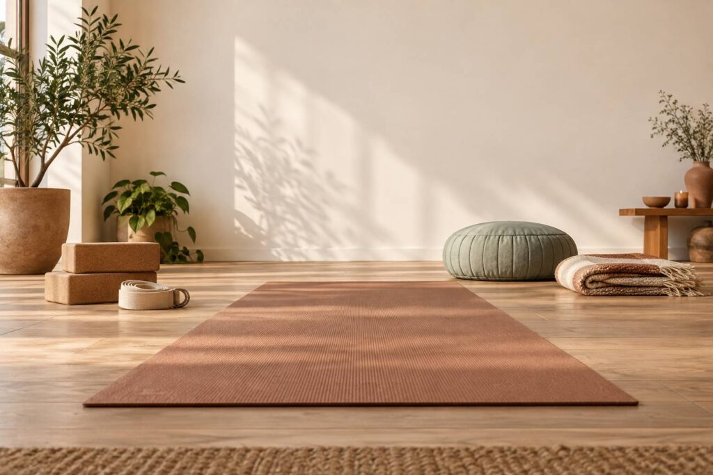 Studio de yoga chaleureux avec tapis déroulé, briques de liège et sangle
