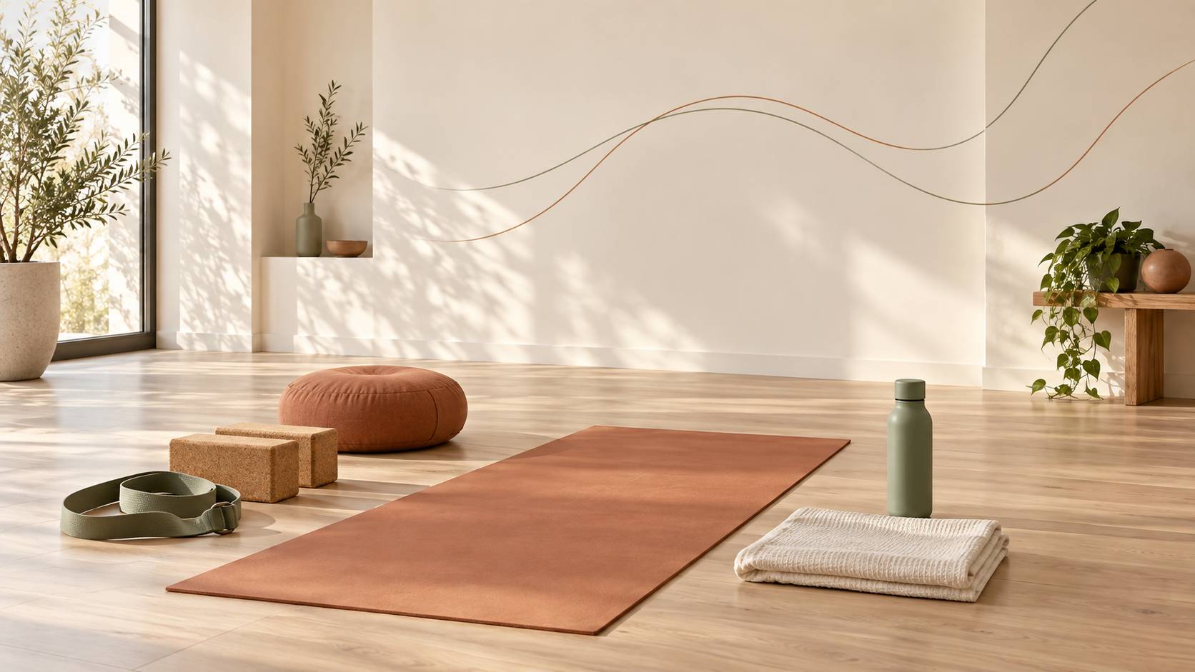 Tapis de yoga terracotta avec briques de liège, sangle et coussin de méditation