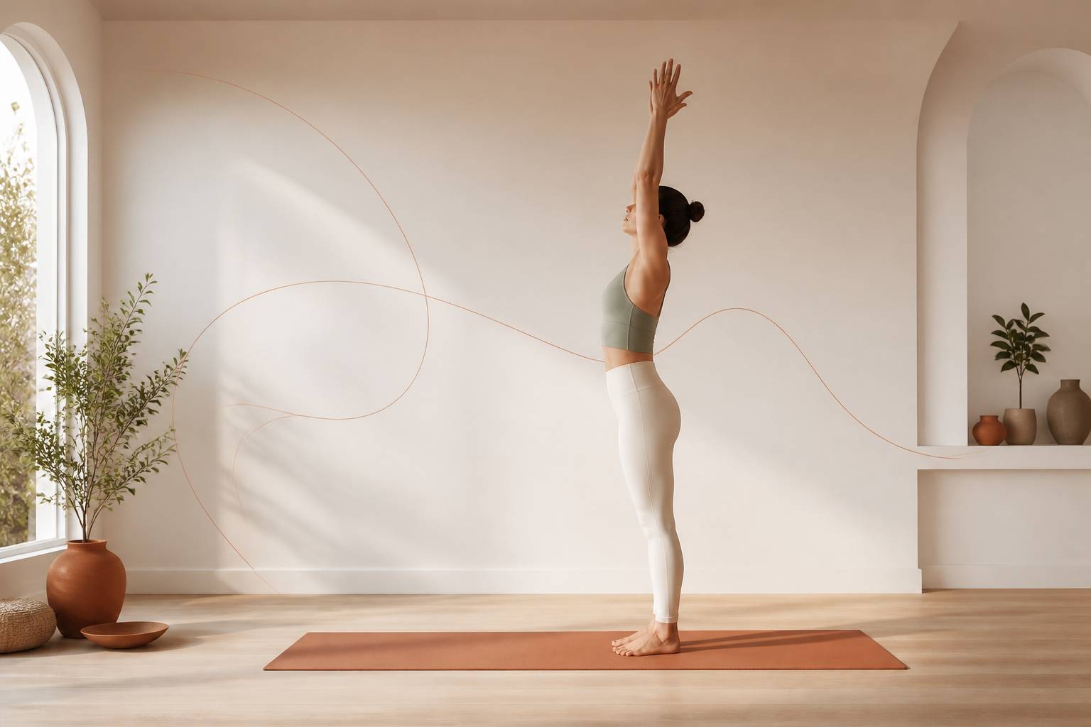 Posture de la salutation au ciel de profil avec lombaires allongées dans un studio clair