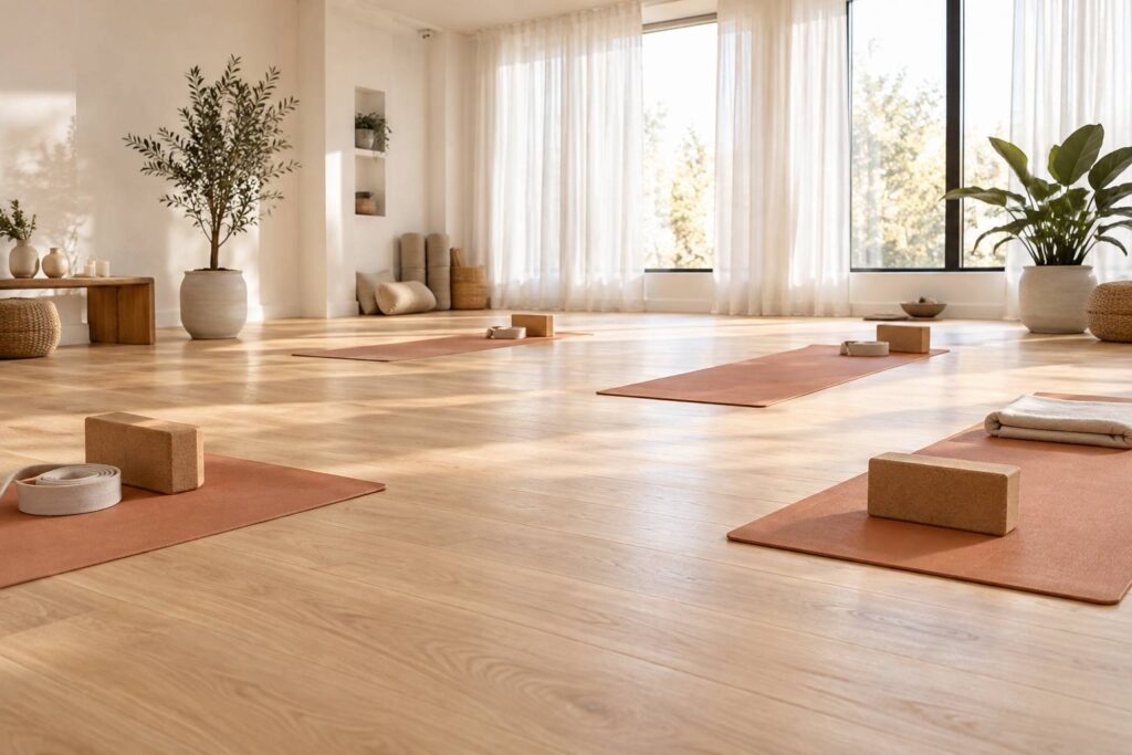 Studio de yoga clair avec tapis déroulés, briques et sangle en coton