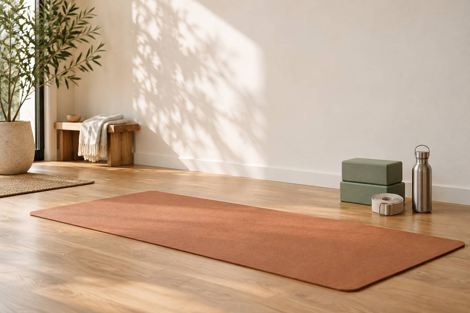 Tapis de yoga déroulé au mur avec briques et sangle en coton