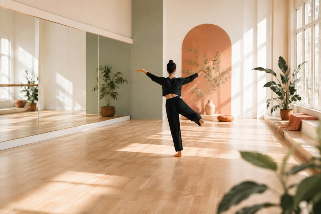 Personne en équilibre entre danse et yoga dans un studio clair