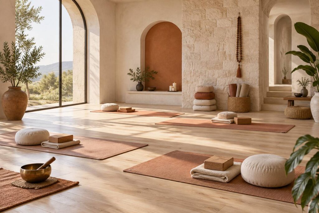 Studio de yoga epure avec tapis deroules, coussins de meditation et bol chantant