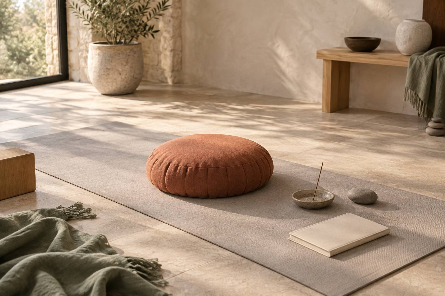 Coin de meditation apaise avec coussin rond, encens eteint et galet sur un tapis clair