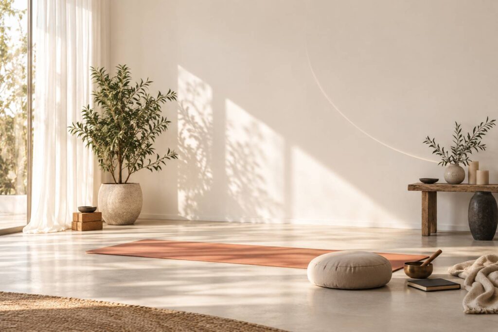 Studio de yoga épuré avec tapis, coussin de méditation et plante verte