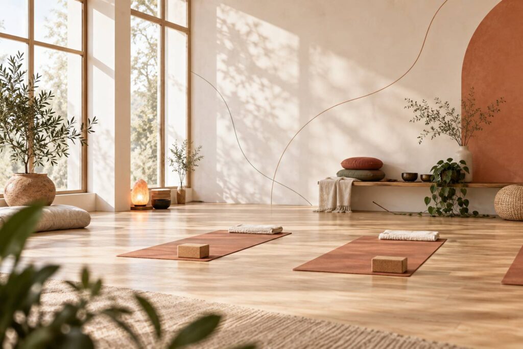 Studio de yoga avec tapis et coussins de méditation