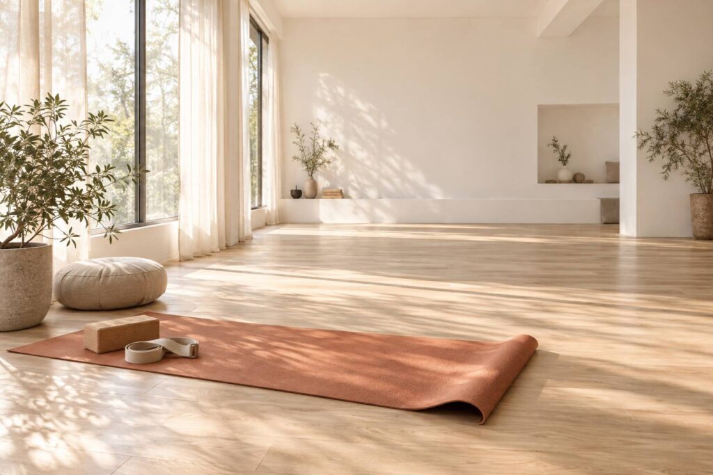 Studio de yoga avec tapis et sangle pour la posture du danseur