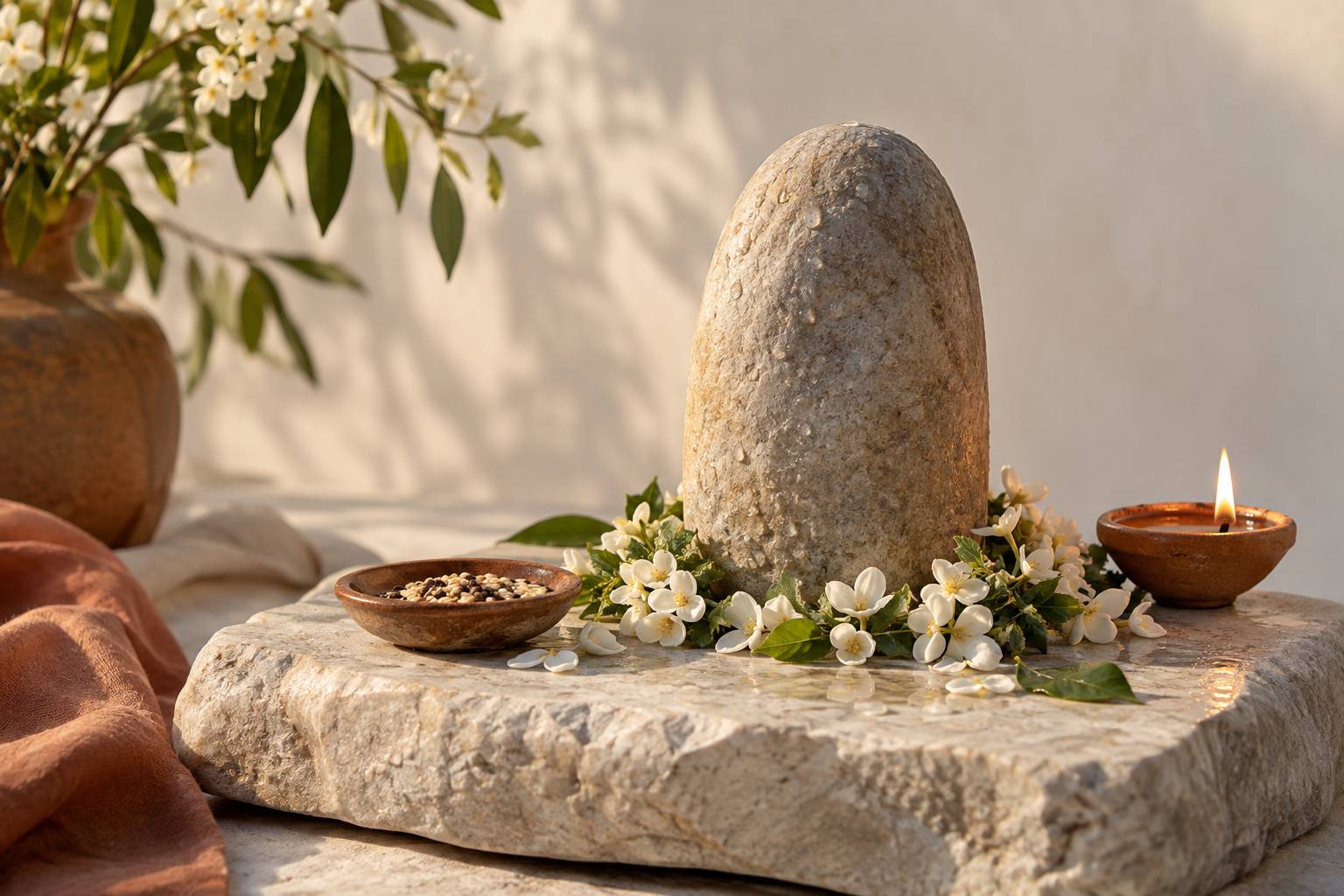 Socle de pierre clair avec pierre verticale arrondie, fleurs blanches et lampe a huile