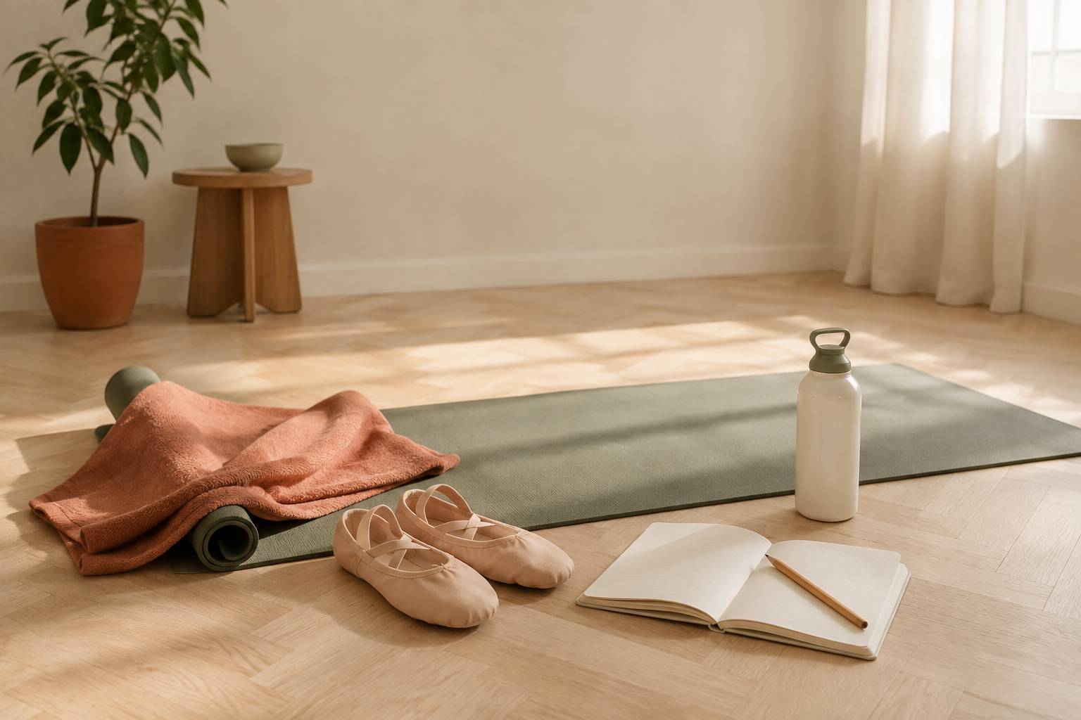Tapis de yoga et chaussons de danse préparés au sol
