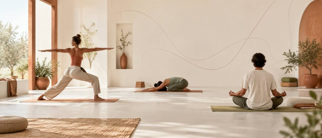 Séance de yoga en studio lumineux, tapis et postures de détente