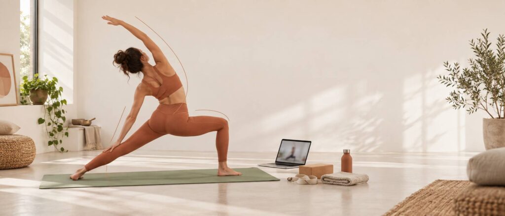 Illustration éditoriale du sujet : Yoga en ligne gratuit : notre guide pour t'entraîner à ton rythme chez toi