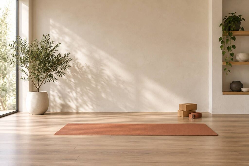Studio de yoga vide avec tapis deroule, briques et sangle empilees