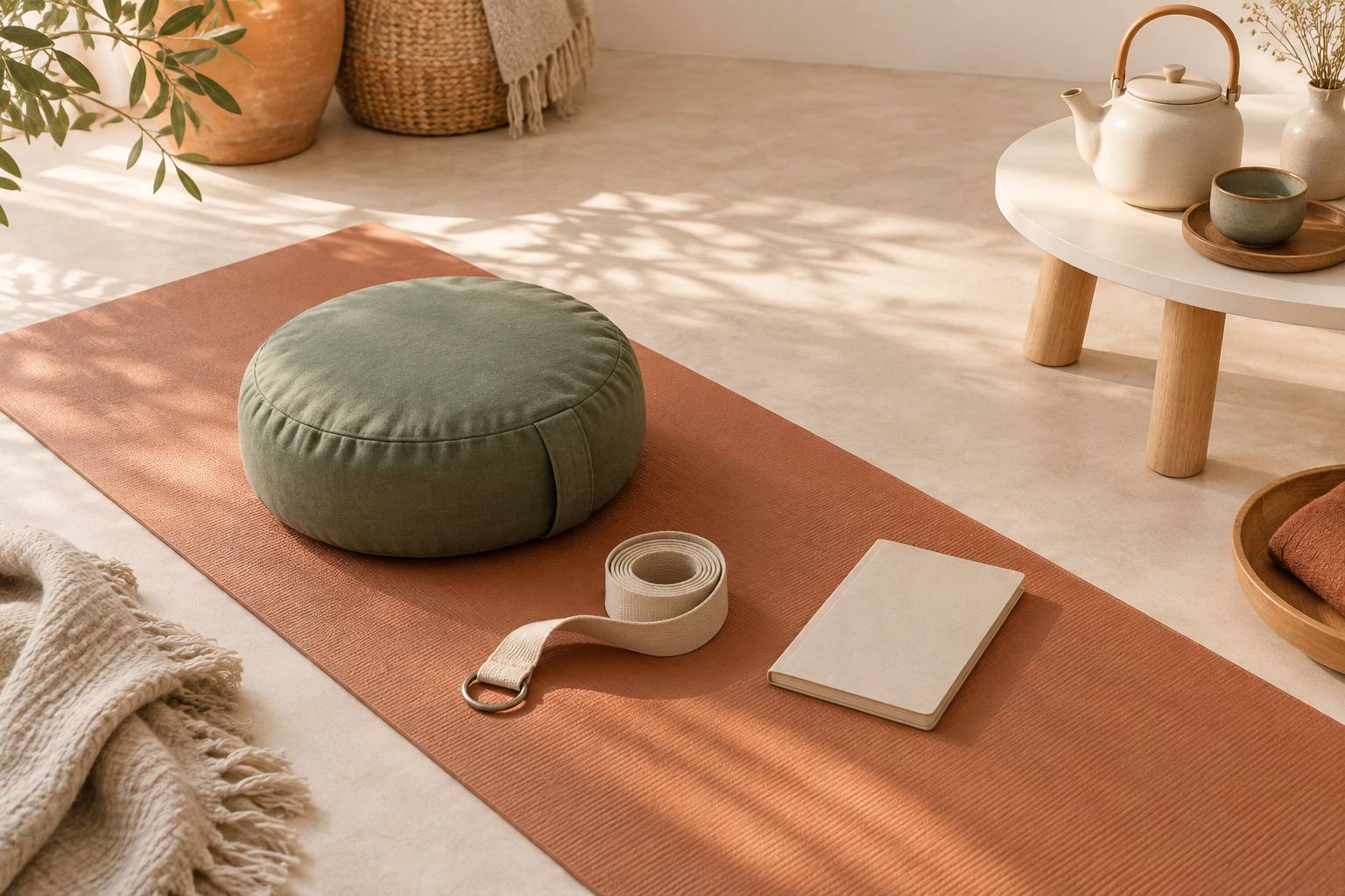 Tapis, coussin de meditation et sangle disposes dans un espace de pratique