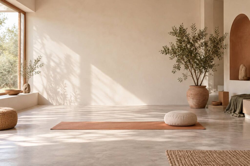 Studio de yoga chaleureux avec tapis, coussin de meditation et plante en lumiere douce
