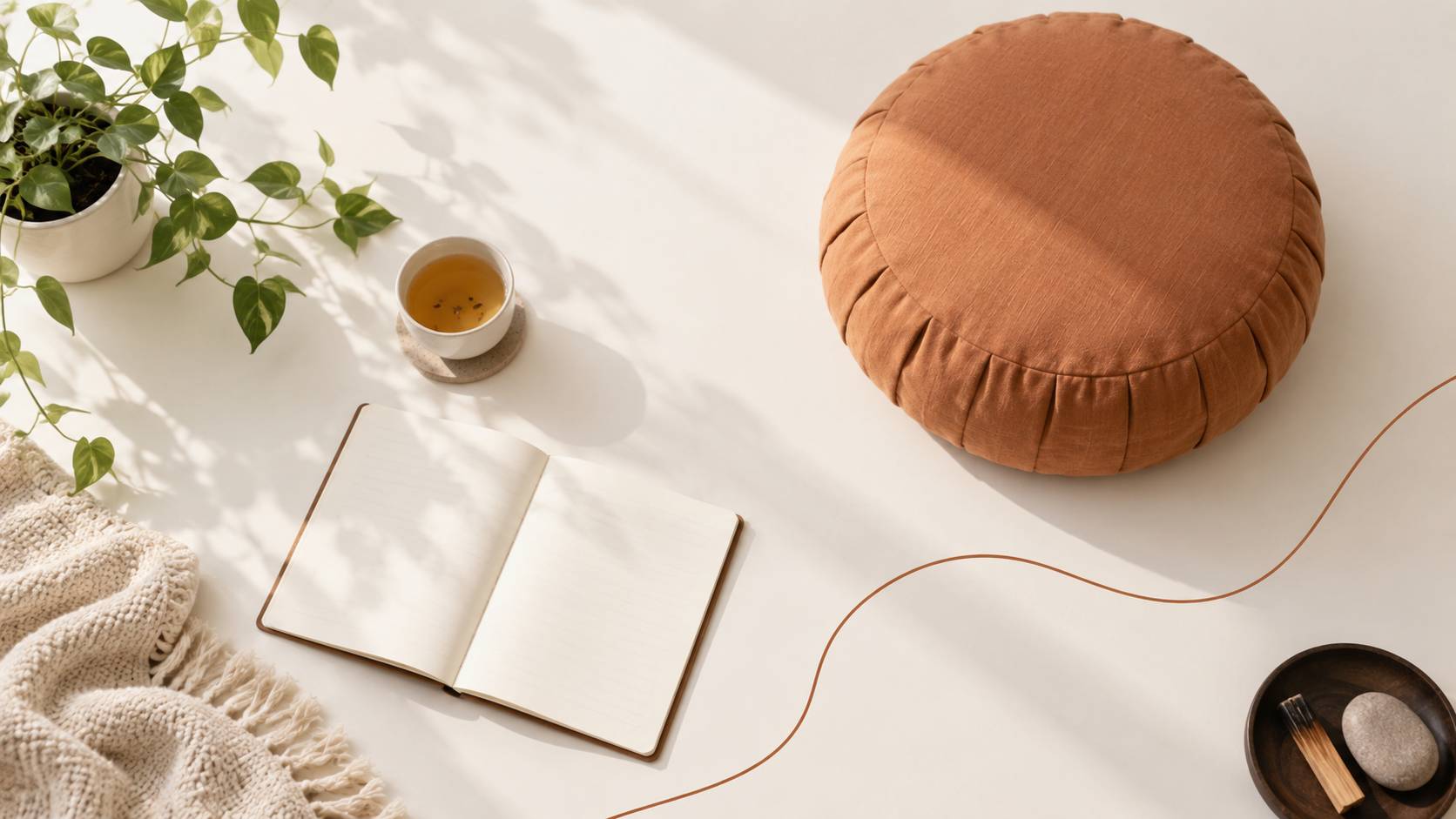 Coin de meditation organique avec coussin, carnet et tisane pres d'une plante