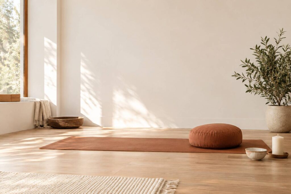 Coin de yoga épuré avec tapis déroulé, coussin de méditation et plante verte