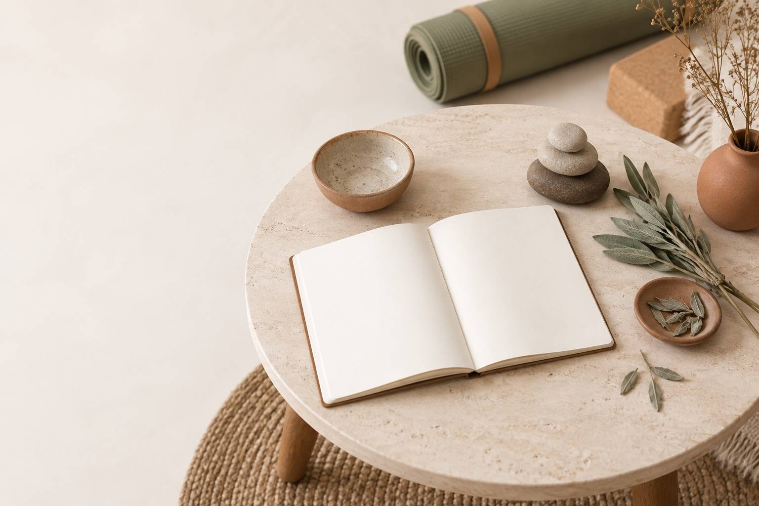 Table basse de pratique avec carnet vierge, galets empilés et sauge séchée