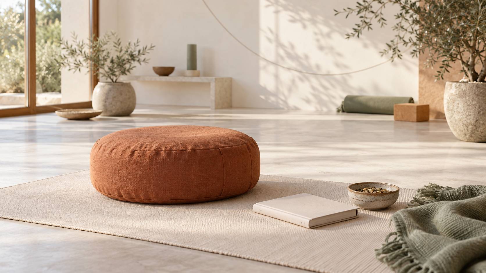 Coussin de méditation et carnet fermé posés sur un tapis de yoga