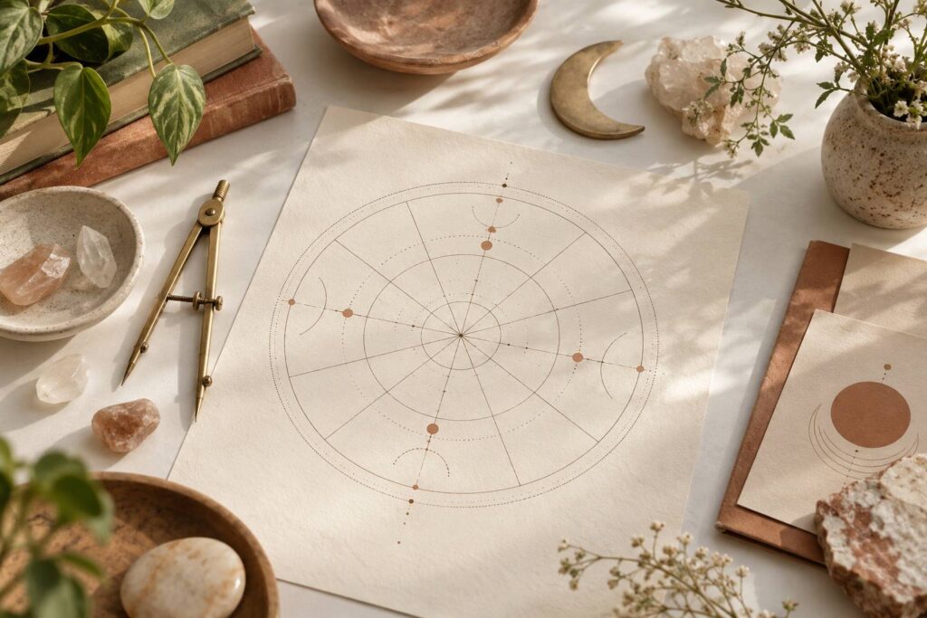 Cercle astrologique trace a la main et compas pose sur une table claire