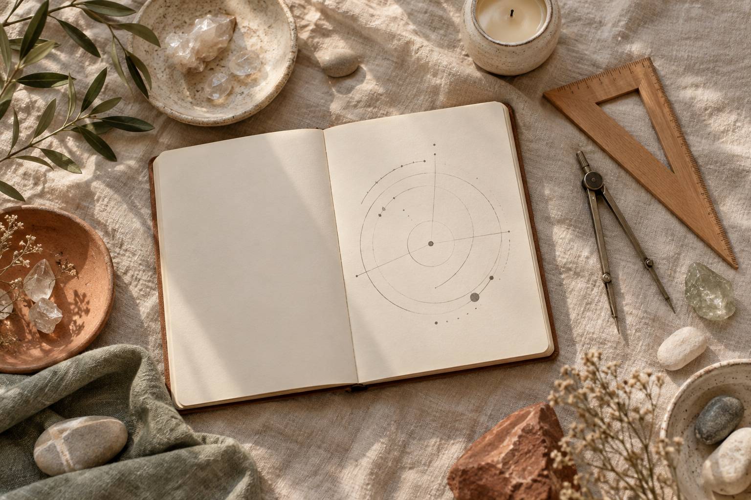 Carnet ouvert avec un diagramme circulaire esquisse au crayon et cristaux