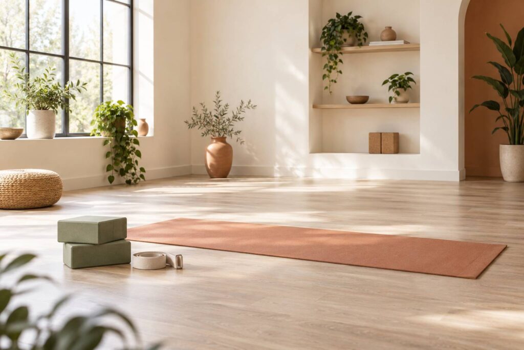 Tapis de yoga, briques et sangle dans un studio de pratique lumineux