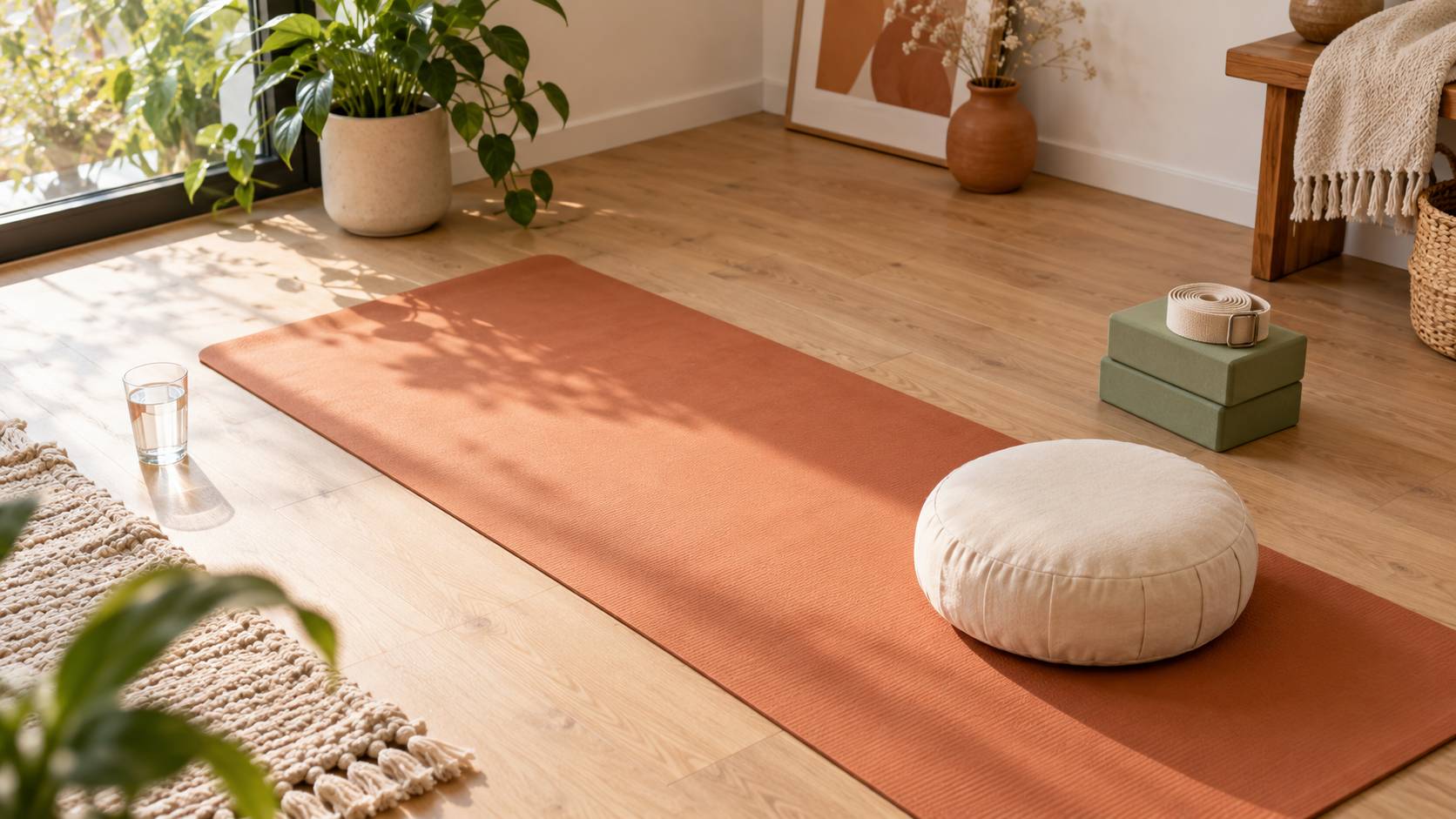 Coin de pratique à domicile avec tapis, coussin et accessoires de yoga